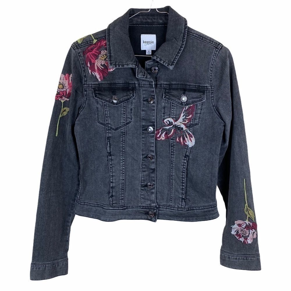 Kensie floral gray embroidered jean jacket